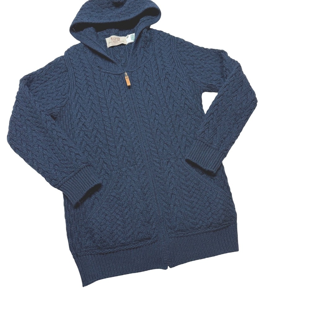 Aran Sweater Market Merino Wool Cable Knit Full‎ Zip Hoodie Navy Blue Size S